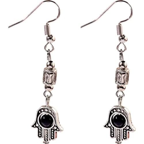Ethnic Women‘s Hand Shape Silver Color Metal Dangle Earrings Tibetan Jewelry Vintage Stone Ladies Dangle Earrings Bohemia Style