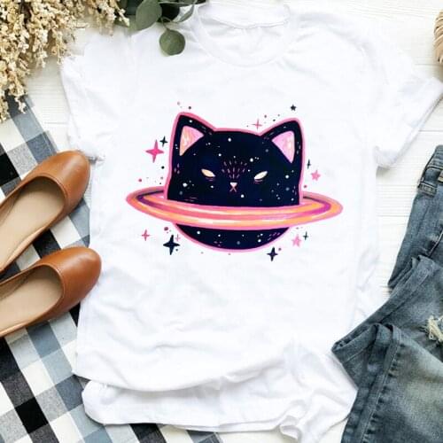 Black Cat Print T Shirt Women Fashion Harajuku Short Sleeve T-Shirt White Suitable All Seasons Tshirt Tops Clothing