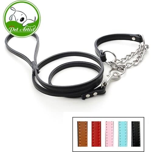 Leather Dog Walking Leash & Half Choke Pet Training Collar Set