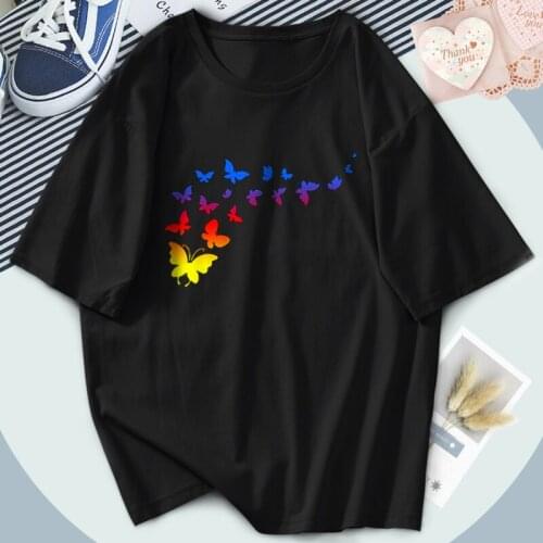 Flying Butterflies Harajuku Women T-shirts O-Neck Print 2021 Retro Tshirts Vintage Black Tops Tees Funny Clothes Ladies Camiaeta