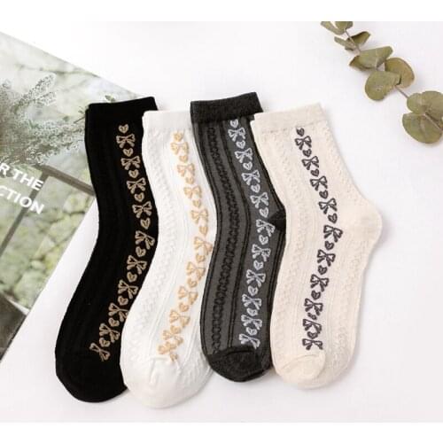 Korea Sweet Bow Love Long Socks Womens Tube Socks Trend Cotton Japanese Kawaii Cute Summer Thin Retro Harajuku Pile Stockings