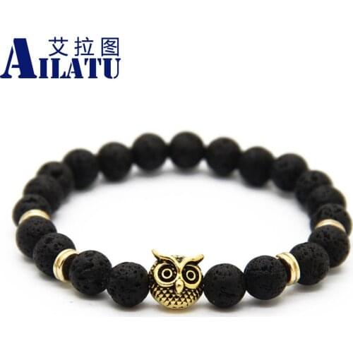 Ailatu Fashion Masculinas Natural Lava Rock Stone Owl Bracelet Women Pulseras Hombre Bracciali Mens Elastic Bead Jewelry Gift