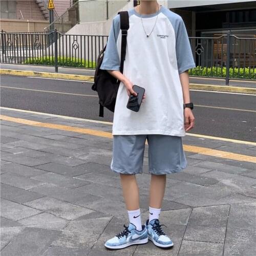 Hong Kong style mens casual suit loose tide brand handsome sports shorts 2021 college style new summer short sleeves