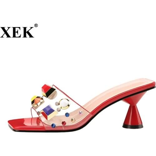 XEK 2018 Summer Women Crystal 6cm High Heels Mules Shales Slides Female Rivets Strange Heels Slippers Sexy Nude Shoes JH266