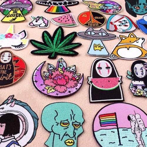 Pulaqi Cartoon Unicorn Rainbow Patches For Clothing Punk Skull Embroidered Patches For Clothes Animal Gremlins Fabric Patch DIY