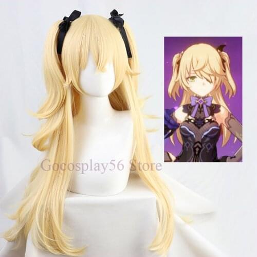 Genshin Impact Fischl Wig Cosplay Blonde Twin Curly Ponytails Golden Straight Heat Resistant Hair Adult Halloween Role Play