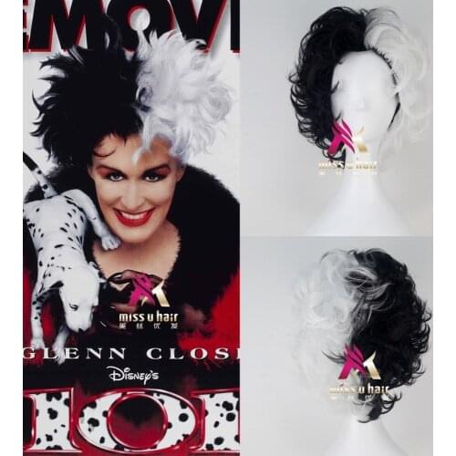 New Black And White Fluffy Short Layered Synthetic Wigs 101 Dalmatians Cruella Devil Cosplay Costume Wig +wig cap