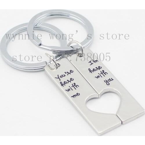 Matching Heart Keychains " You're Here with Me I'm Here With You "Couples Gift ,(set of 2 )