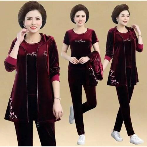 Middle-aged Women Casual Gold velvet Three-piece Sets Suit Large size Loose Sportswear Long Coat Tops Mother Clothing Tracksuit