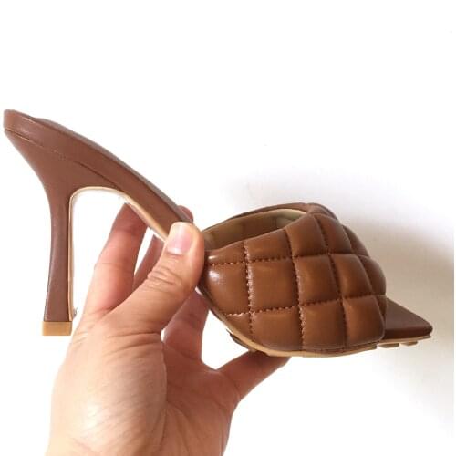 Genuine Leather Womens Sandals Square Sole Middle Heel Rhombus Mules Slippers Casual Slides Shoes Slip On Brown