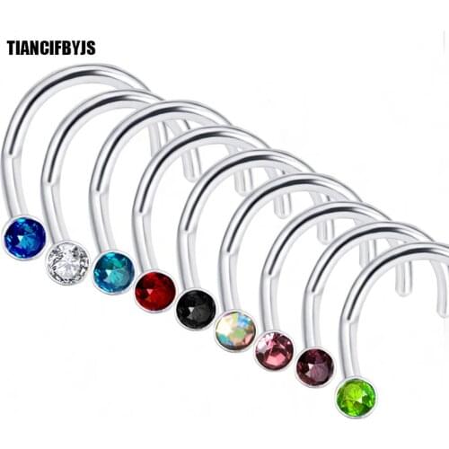 TIANCIFBYJS Stainless Steel Curved Indian Nose Piercing Kit Stud Nostril Rings CZ Gem Tragus Earrings Body Jewelry Mens Womens