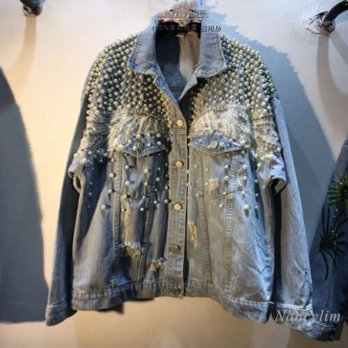 Denim Jacket Women Nice Spring European Style New Rhinestone Beaded Pearl Loose Jeans Coat Female Clothing Blue
