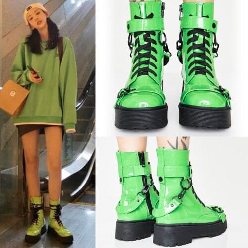 Patent Leather Fashion Motorcycle Booties Sexy Neon Green Ankle Boots Women Lace-up Platform Belt Buckle Botines Mujer 2020