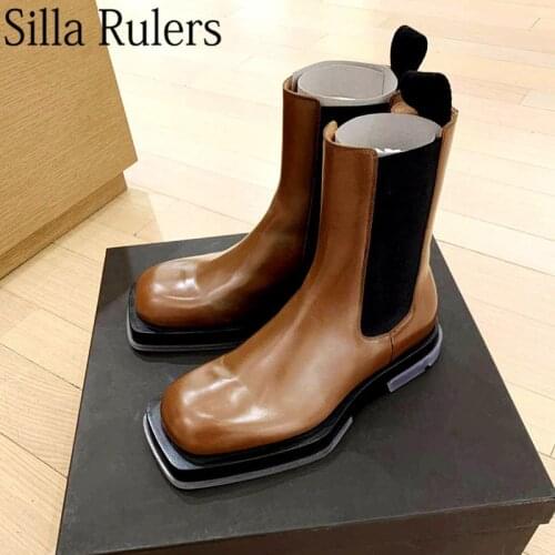 New Arrival Square Toe Clear Thick Sole Chelsea Boots Women Genuine Leather Mid Calf Short Boots Woman Winter Boots Mujer