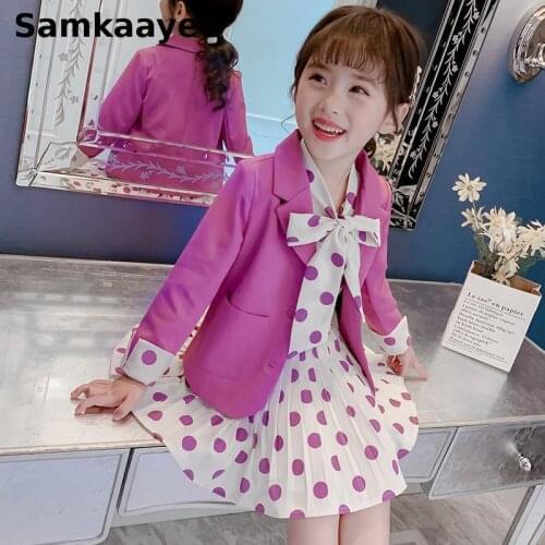 5-15y Kids Blazers Sets Spring Autumn Girls 2pcs Dress Suits Casual Jackets Single Breasted Polka Dot Sweet Childrens Clothes 5