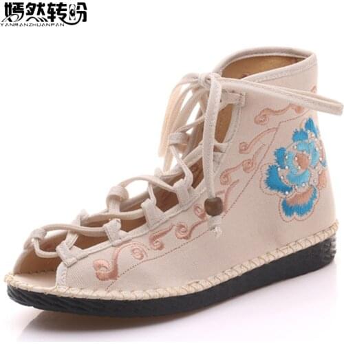 Chinese Women Flats Flower Summer Woman Sandals Peep Toe Embroidered Shoes Ethnic Lace up Soft Beach Travel Boots Shoes Woman