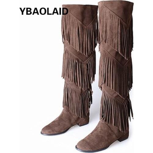 Frosted Cowhide Tassel Flat-heeled Womens Boots Round Toe Thick Heel Zipper High-tube Over-the-knee Casual Knight Boots