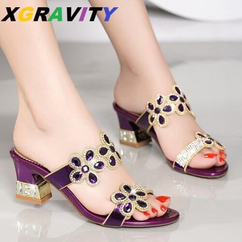 2021 European American Top Quality Design Women High Heel Slippers Chunky Crystal Heeled Shoes Leisure Women Summer Shoes Slide