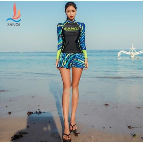 SANQi swimsuit long-sleeved female split skirt conservative thin slim belly sexy small chest gathered spa swimwear swimming suit