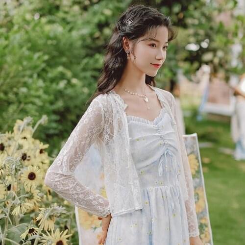 Sweet Gentle Two Piece Set Women Summer Sweet Lace Cardigan Tops+Blue Small Fresh Lovely Floral Dress Sets Korea