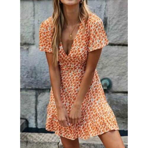 Happie Queens women yellow floral print deep V-neck sashes Bohemian mini dress ladies flare sleeve rayon Boho dresses vestidos