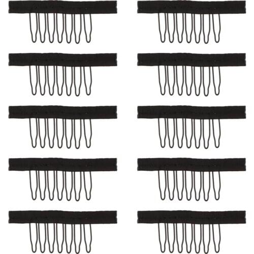 10pcs New 7 Teeth Wig Combs Steel Tooth Comb for Wig Caps Lace Cap Black Portable Stainless steel & Fabric