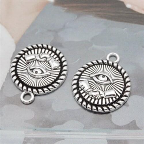 Julie Wang 10PCS Round Evil Eye Charms Antique Silver Color Shake Hands Tag Pendant Punk Jewelry Making Accessory