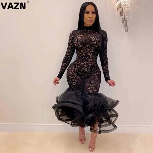 VAZN 2020 Hot Sweet Sexy Party Mature Daily Fashion Solid Turtleneck Full Sleeve Women Thin High Waist Mermaid Maxi Dress