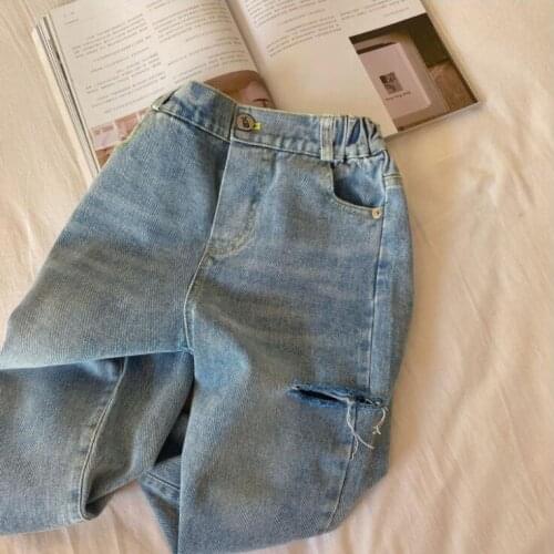 2021 new style girls boys denim holes long pants autumn fashion kids flare pants