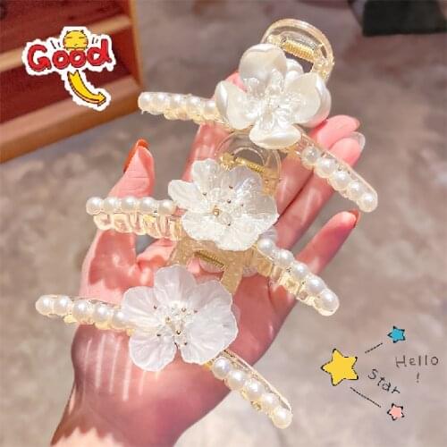2021 Oriental Charm Pearl Flower Plastic Hairpin Hair Ornament Plate Hair Shark Clip Hair Catch Girl Hairpin B60