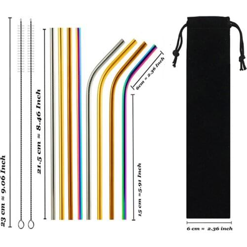 8 Pcs / Set Colorful Reusable Metal Drinking Straws Set 304 Stainless Steel Sturdy Bent Straight Drinks Straw Drop Shipping