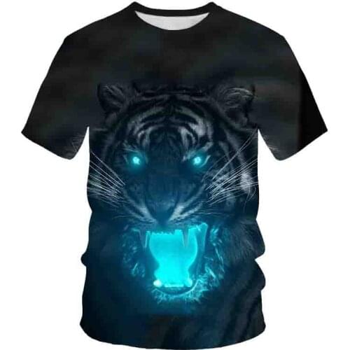 Tiger 3D printing male and female couple casual lion tiger T-shirt Fun Harajuku solid color lion 3D printing soft slim fit