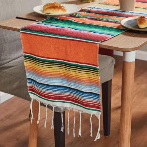 INS Mexican Table Runner Stripe Shawl Blanket Rainbow Tablecloth Beach Mat with Tassel 35*215cm
