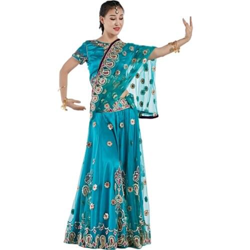 Belly Dance Wear Performance Belly Dance Clothes Indian Dance Embroidered Bollywood Costume 3pcs Set (Top, Skirt & Sari)