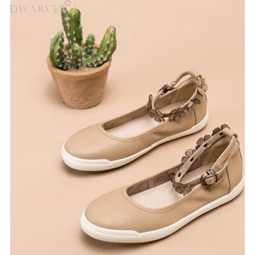 Handmade Leather Flat Mary Jane Shoes For Womens Flowers Round Toe Apricot/Black/Grey