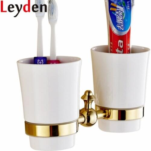 Leyden Golden Finish Classic Double Toothbrush Holders With Two Creamic Cups Wall Mounted Tooth Cup Holder Bathroom Accessories