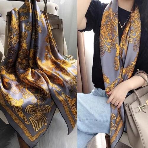 Fashion Grey Gold 100% Natural Silk Womens Scarf Bandana Top Grade Autumn Square Scarves Hijabs Winter Brand Headscarf Foulard
