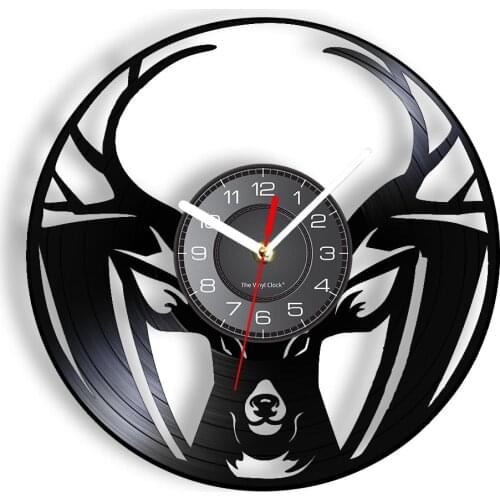 Wild Animal Deer Head Vinyl Record Wall Clock Hunting Elk Buck Antler Wall Art Mancave Forest Home Decor Clock Watch Hunter Gift