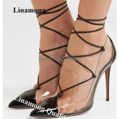 Linamong Spring Newest PVC Patchwork Straps Cross Stiletto Heel Pumpe Black Nude Patent Leather Transparent High Heels Big Size