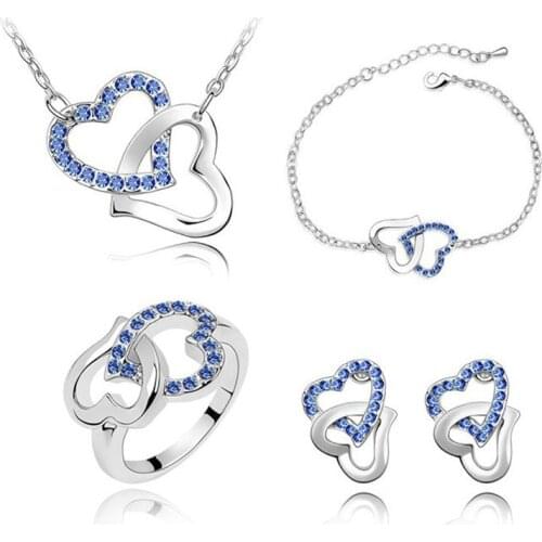 Wholesale Fashion Jewelry Austria Crystal Double Love Heart Pendants Necklace Bracelet Bangles Stud Earring Ring Jewelry Sets