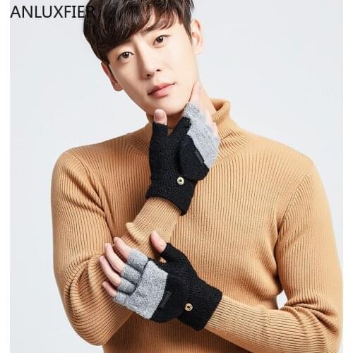 H10037 Men Gloves Autumn Winter Flip Half Finger Knitting Mittens Korean Touch Screen Student Thickened Warm Riding Hand Muff