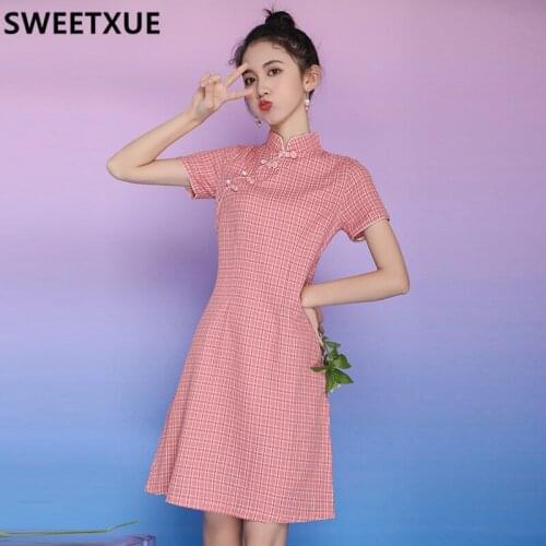 SWEETXUE Plaid Cheongsam 2021 Women Young Retro Republican Girl Chinese Style Dress Pink Cute A-Line Dress Lady