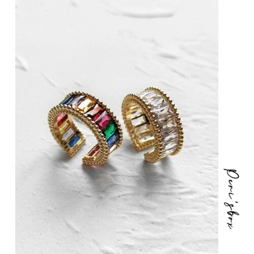 PerisBox Wide Rectangle Rainbow Zircon Rings Linked Clear CZ Stone Rings for Women Floral Edged Vintage Ring Adjustable 2020