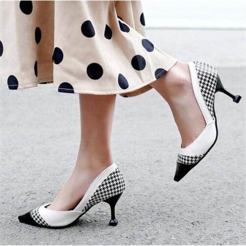 PXELENA Plaid Women Pumps Pointed Toe Strange High Heel Shoes Office Ladies OL Party Slip On Dress Shoes Fashion Designer 2019