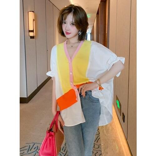 Top Quality Soft Knit contrast stitching shirt loose single breasted cardigan summer new