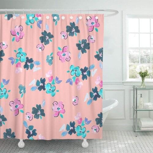 Blue Cute Flower Pattern Pink and Navy on Coral Shower Curtain Waterproof Polyester Fabric 72 x 72 Inches Set with Hooks