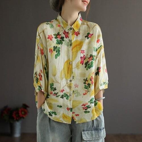 QPFJQD Ladies Linen Shirts Turn Down Collar Three Quarter Sleeve Summer Autumn Women Retro Print Floral Loose Blouse 2021