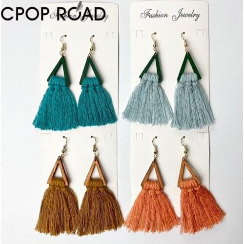 Bohemian Tassel Earrings for Women Wood Handmade Cotton Fringed Macrame Earrings Wedding Jewelry Light Weight Girl Party Gifts