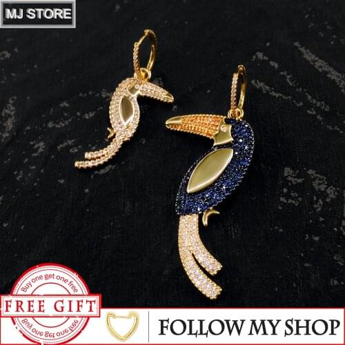 925 Sterling Silver Earring Golden Zircon Earring Tropical Holiday Style Toucan Bird Earring Luxury Brand Monaco Jewelry Gift