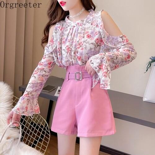 Summer Fall New Sweet Flared Sleeve Strapless Floral Printted Chiffon Shirt +High Waist Belt Shorts Two piece set Female